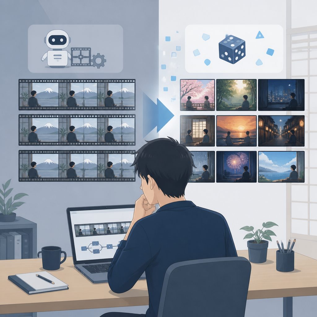 AI動画の自動生成が単調になる問題｜演出をランダム化した実録のイメージイラスト