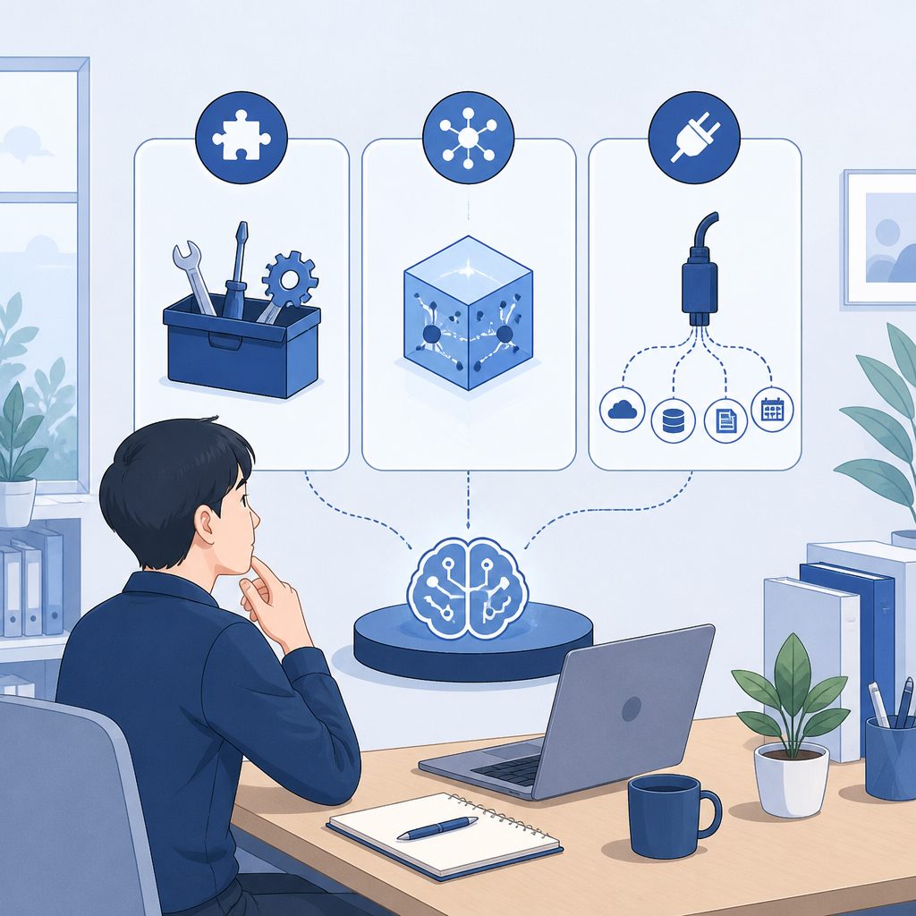 Skills・MCP・コネクタの違い｜何から手をつける？のイメージイラスト