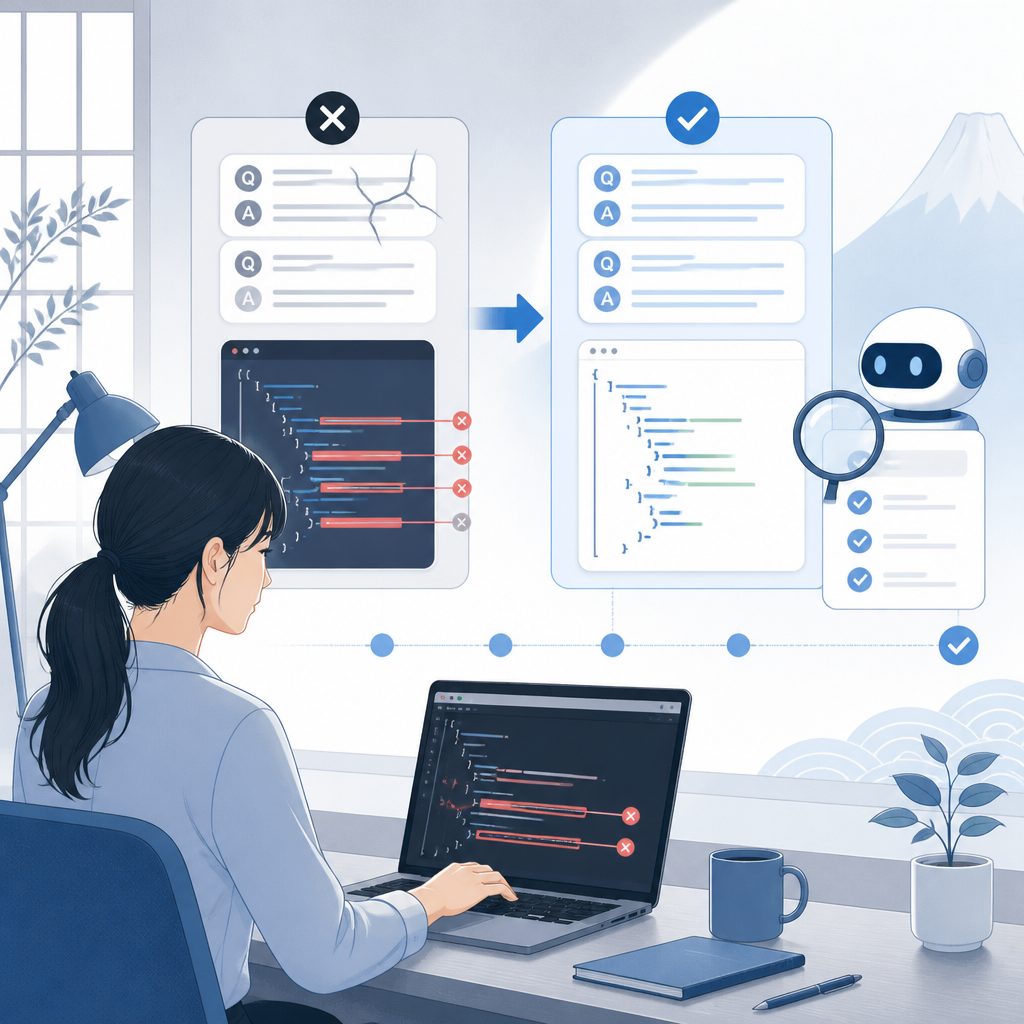FAQの構造化データが壊れた｜AI記事のJSON-LD検証手順のイメージイラスト