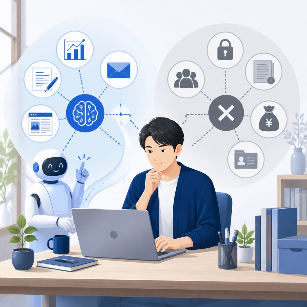 個人事業主のAI活用｜任せてよい業務・ダメな業務のイメージイラスト