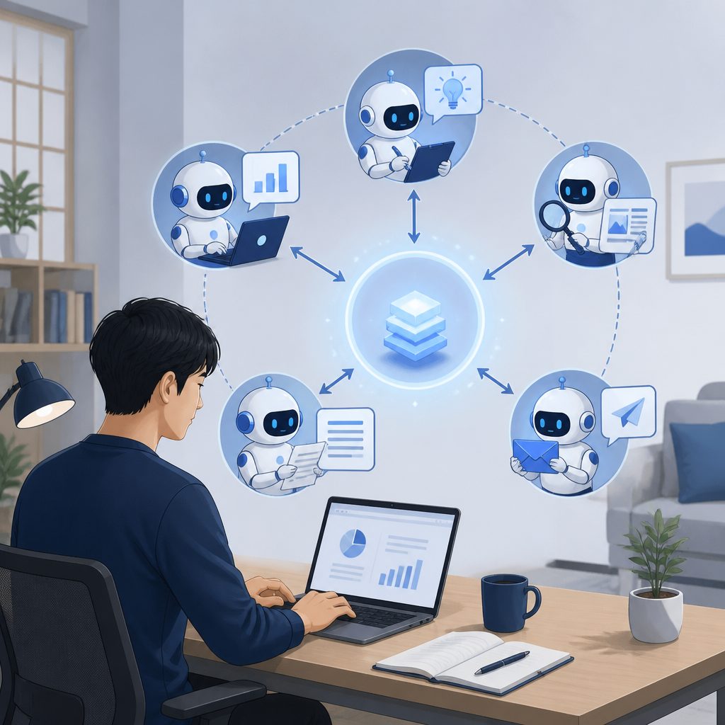 AIエージェント分業体制｜副業をAI5人で回す実録のイメージイラスト