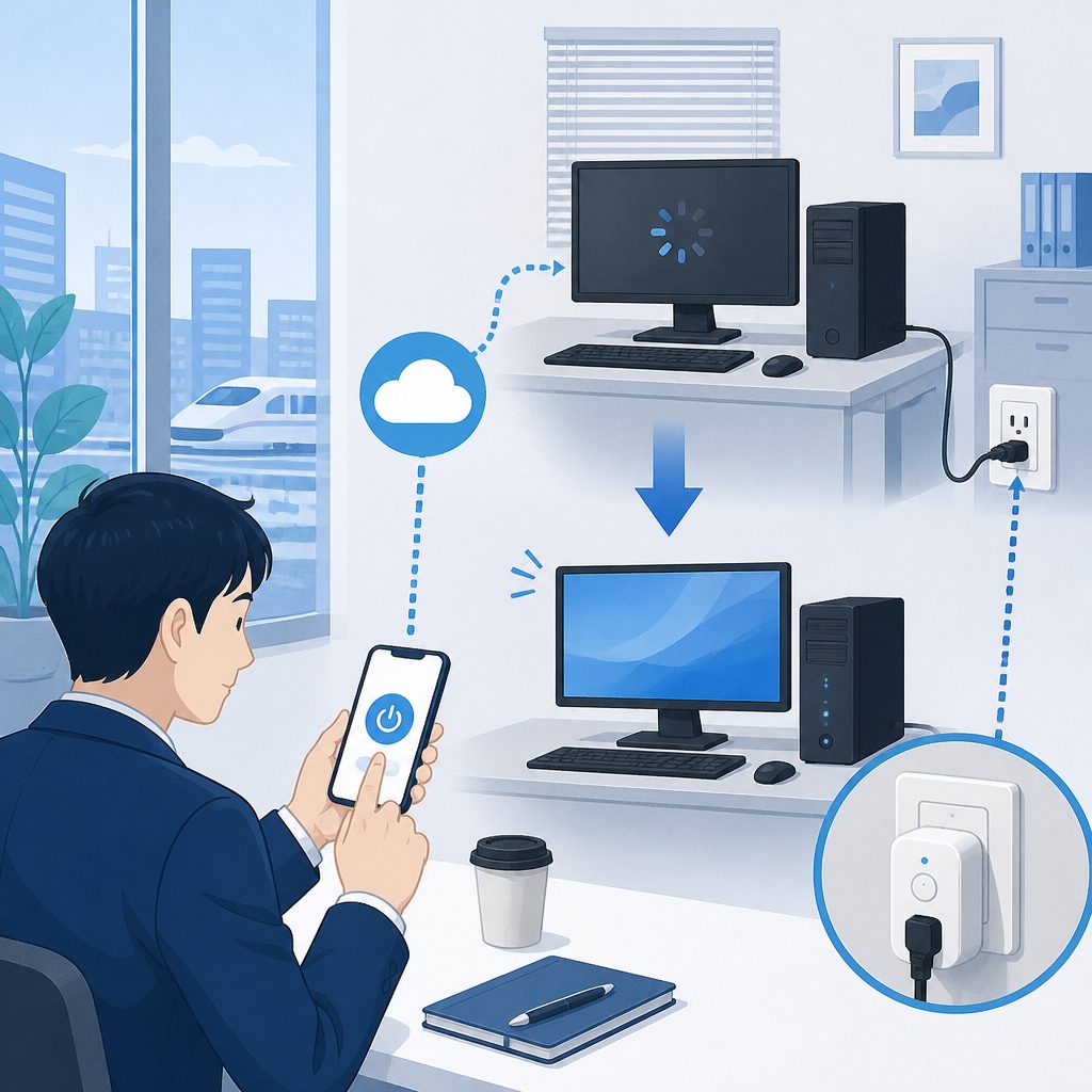 スマートプラグで止まったPCを外から再起動する方法のイメージイラスト