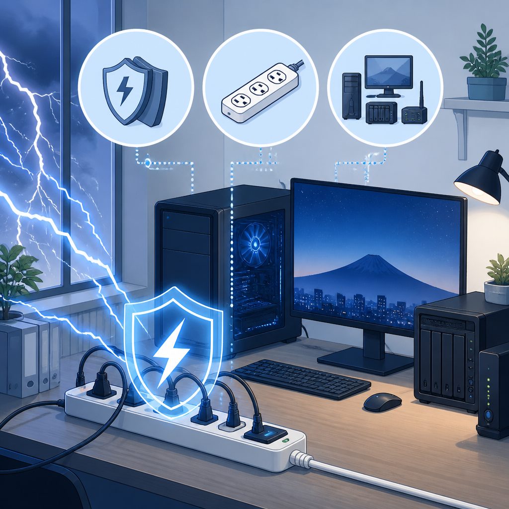 雷ガード電源タップの選び方｜24時間稼働PCを守る3条件のイメージイラスト
