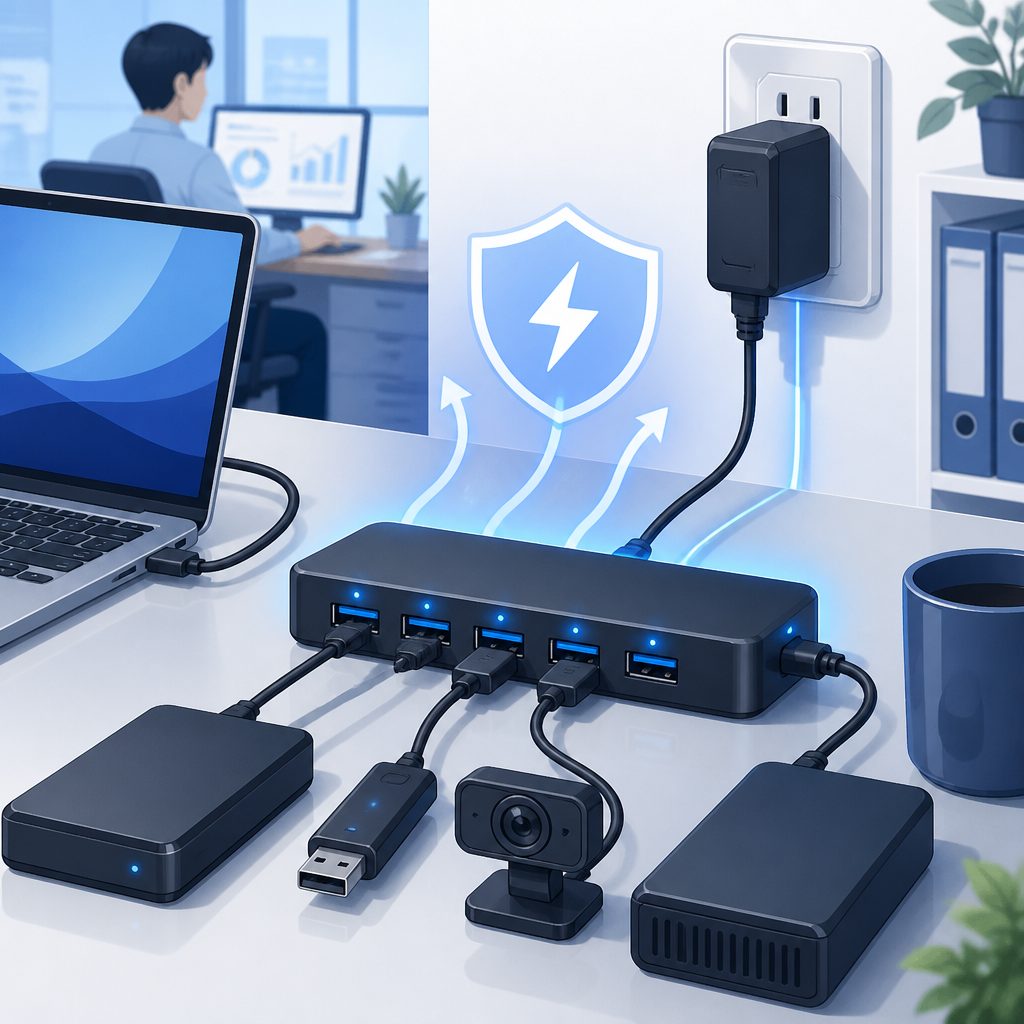 USBハブはセルフパワーを選ぶ｜常時稼働PCの電力不足対策のイメージイラスト