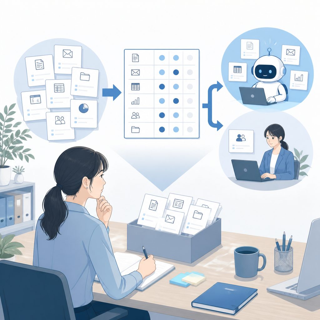 年内にやる業務の棚卸し｜AIに任せる仕事を選び直す手順のイメージイラスト